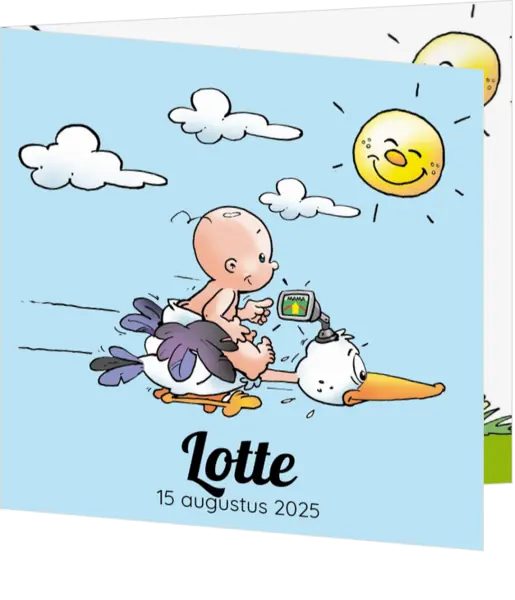 Lotte - Baby vliegt op ooievaar