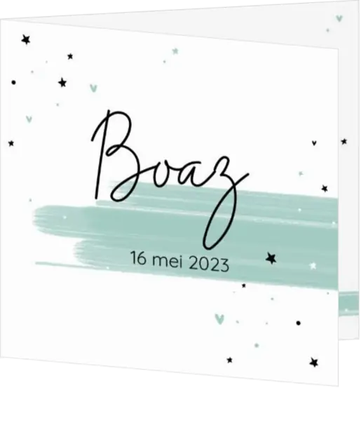 Geboortekaartje Boaz - Dwarrelende sterren, hartjes en verfstrepen
