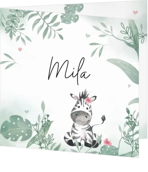 Geboortekaartje Mila - Zebra in de jungle