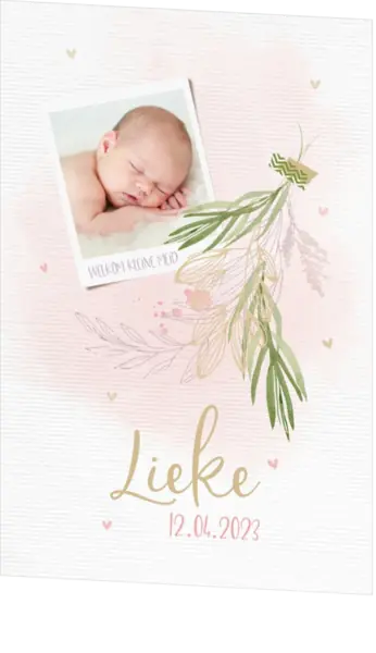 Geboortekaartje Lieke - Roze aquarel met eigen foto