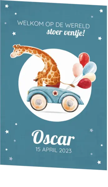 Geboortekaart Oscar - Giraf op vintage autootje