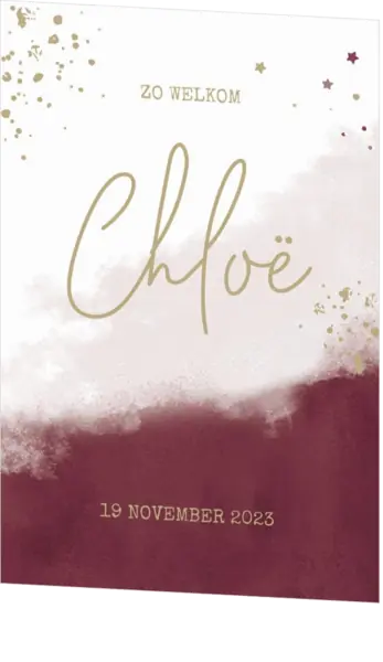 Geboortekaart Chloë - Bordeaux rood met spetters