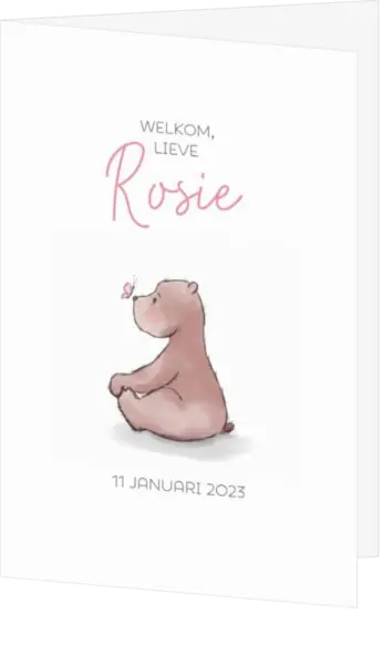 Geboortekaartje Rosie - Beertje met roze vlindertje