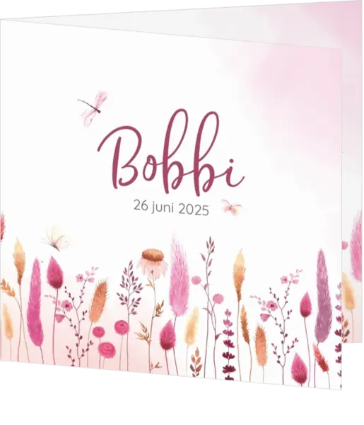 Geboortekaartje Bobbi - Bloemenveld met vlindertjes