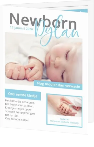Geboortekaart krant tijdschrift blauw