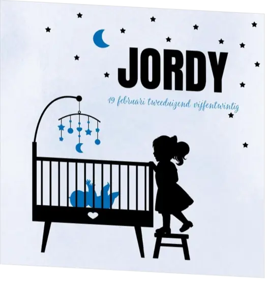 Poster 3 grote zus silhouet bij de wieg op blauwe achtergrond