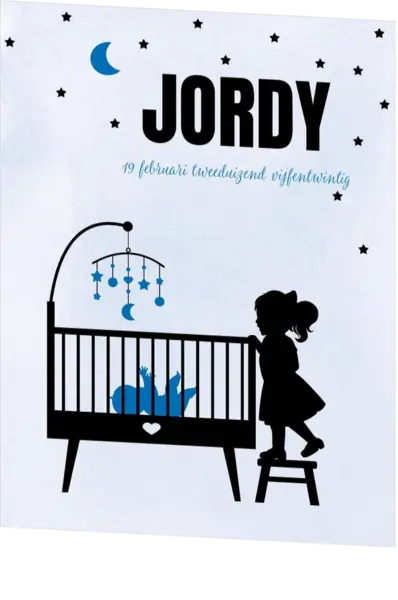 Poster 1 grote zus silhouet bij de wieg op blauwe achtergrond