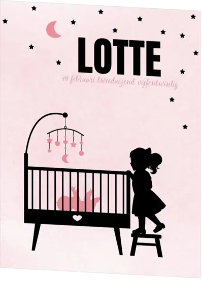 Poster 1 grote zus silhouet bij de wieg op roze achtergrond