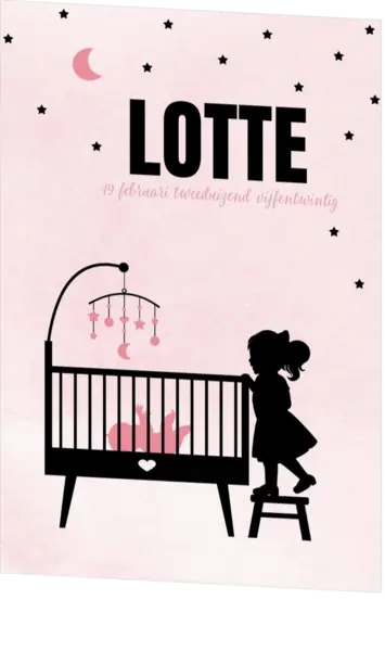 Poster 2 grote zus silhouet bij de wieg op roze achtergrond