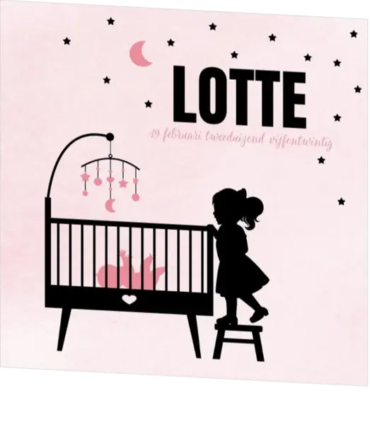 Poster 3 grote zus silhouet bij de wieg op roze achtergrond