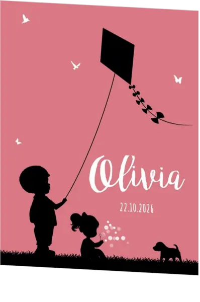 Poster 1 roze met zwart jongen en meisje silhouet