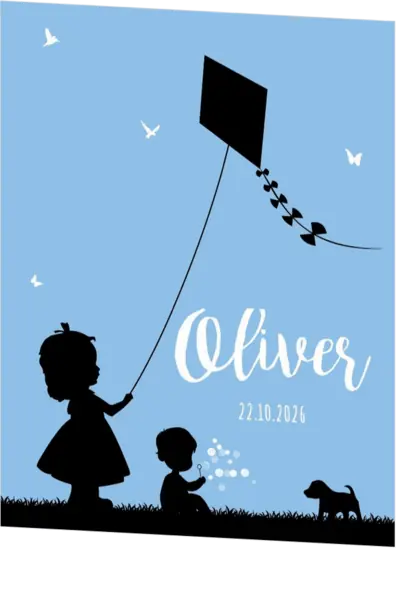 Poster 1 blauw met zwart jongen en meisje silhouet