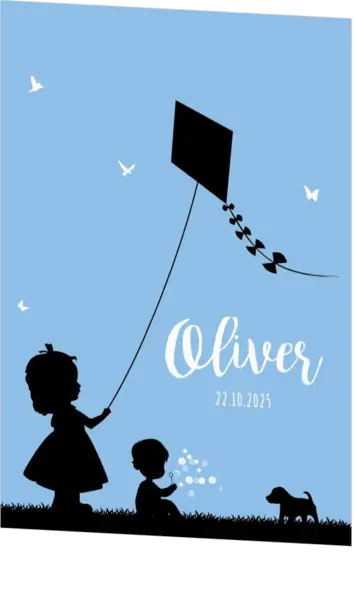 Poster 2 blauw met zwart jongen en meisje silhouet