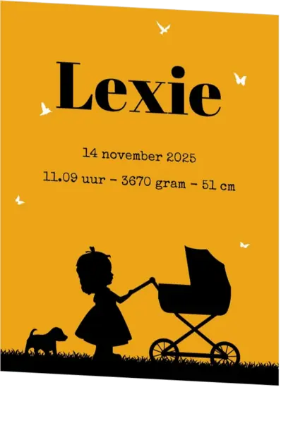 Poster 1 oker met zwart meisje en kinderwagen silhouet