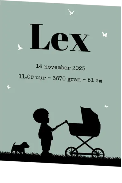 Poster 1 groen met zwart jongen en kinderwagen silhouet