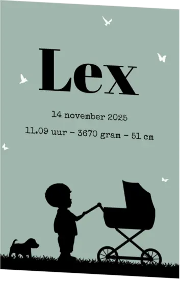 Poster 2 groen met zwart jongen en kinderwagen silhouet