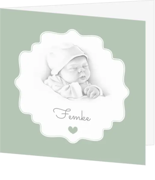 Geboortekaartje groen met potloodtekening baby