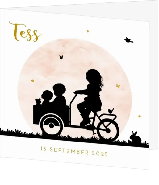 Hip geboortekaartje met silhouet zus en broer op een bakfiets
