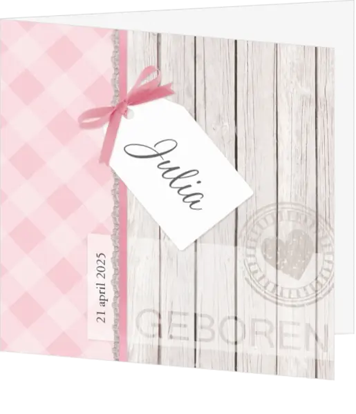 Stoer geboortekaartje met label en steigerhout