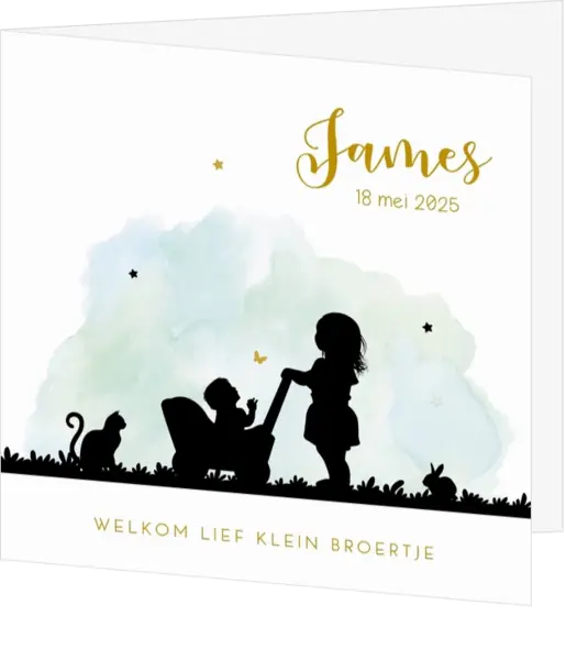 Hip geboortekaartje blauw met silhouet van grote zus met kinderwagen