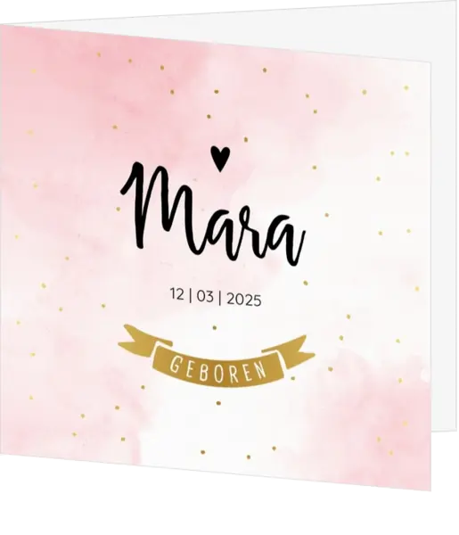 Trendy geboortekaartje met roze watercolor en goudfolie stippen