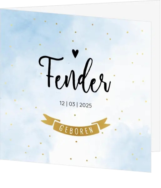 Trendy geboortekaartje met blauwe watercolor en goudfolie stippen