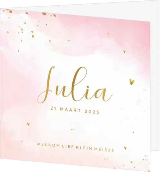 Trendy geboortekaartje roze met goudfolie hartjes en watercolor