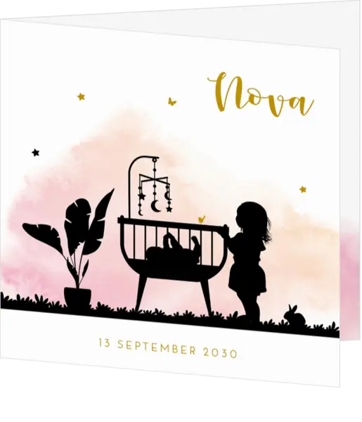 Lief roze geboortekaartje met silhouet van grote zus met wiegje