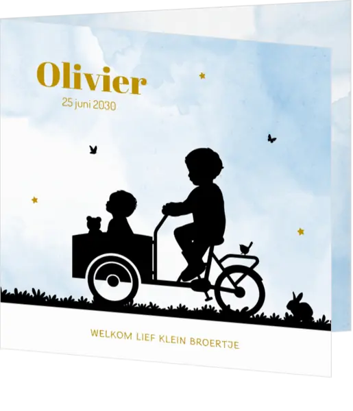 Lief blauw geboortekaartje met silhouet van grote broer op bakfiets