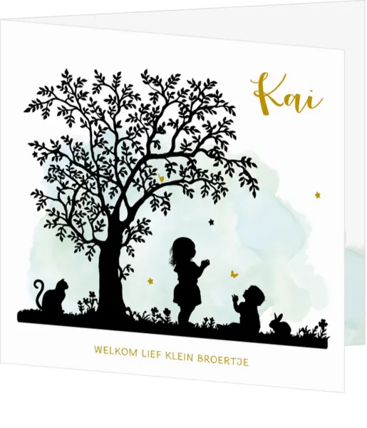 Hip blauw watercolor geboortekaartje met silhouet van zus en boom