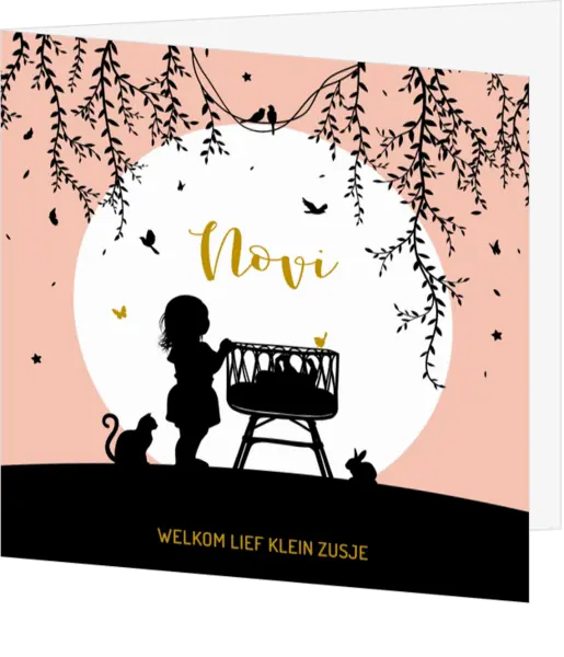 Hip geboortekaartje met silhouet van grote zus en wiegje