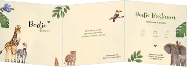 geboortekaartje bodie met veel jungle dieren