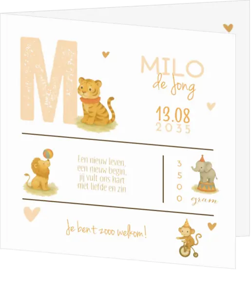 geboortekaartje milo met oranje kleuren en circus dieren
