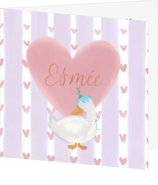 lief geboortekaartje esmee met roze hartjes en een gans