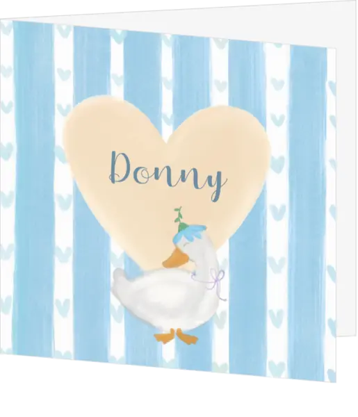 Geboortekaartje Donny met blauwe hartjes en strepen en een lieve gans