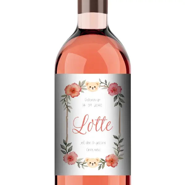 Schattig wijnetiket met bloemen en beertje