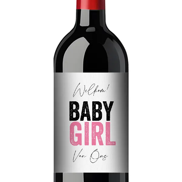 Wijnetiket 'Welkom Baby Girl van ons'