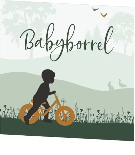 Babyborrelkaart groen met loopfiets