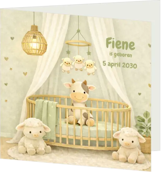 Lief geboortekaartje met boederijknuffels in babykamer en zachte groentinten