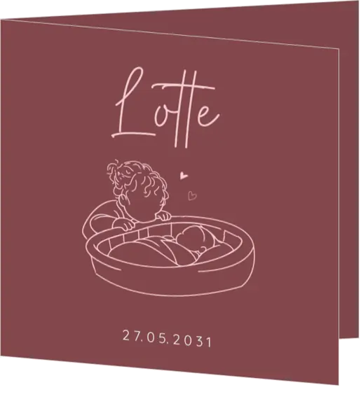 Lief geboortekaartje met zus en baby in mandje minimalistische lijntekening