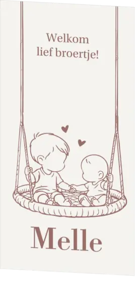 Lief geboortekaartje met broertjes op schommel lijntekening
