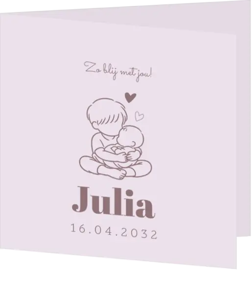 Lief geboortekaartje lijntekening met knuffelende broer en baby zusje