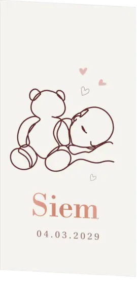 Lief minimalistisch geboortekaartje met lijntekening slapende baby met teddybeer