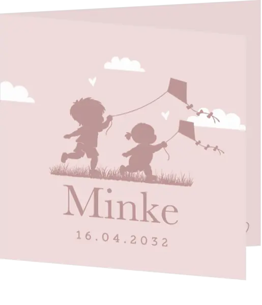 Lief geboortekaartje met silhouet van broer en zusje met vlieger