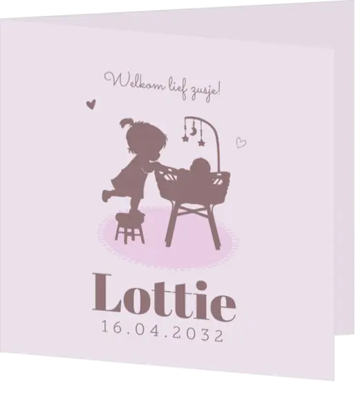 Schattig geboortekaartje met silhouet van grote zus die in het wiegje naar haar zusje kijkt