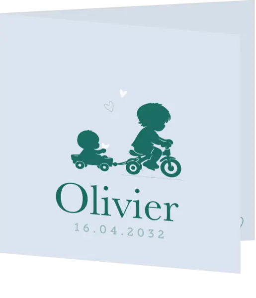 Lief geboortekaartje met silhouet van grote broer op fietsje met babybroertje in karretje