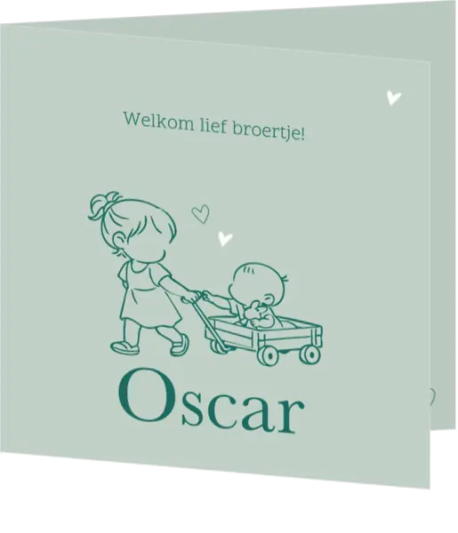 Lief geboortekaartje met lijntekening van grote zus met babybroertje in bolderkar