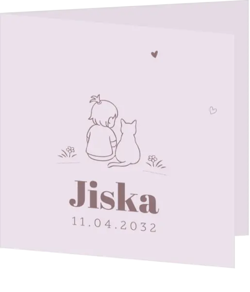 Lief geboortekaartje met lijntekening voor een meisje met kat