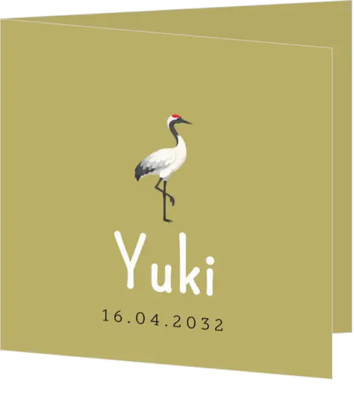 Lief geboortekaartje met illustratie van kraanvogel in okergele tint