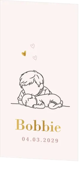 Lief geboortekaartje met lijntekening van broer die zijn babybroertje een kus geeft